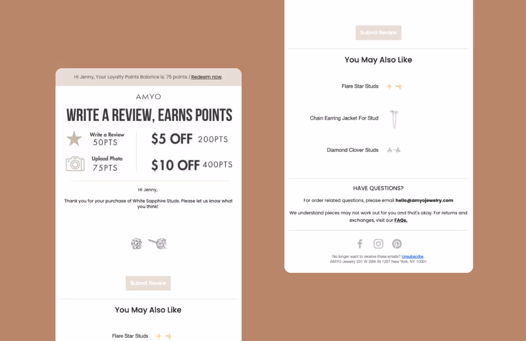 An email from AMYO Jewelry explaining how customers can earn extra loyalty points by leaving a photo or video review.
