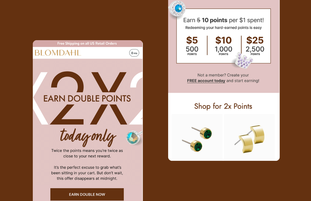 An email featuring a double loyalty points campaign from Blomdahl.