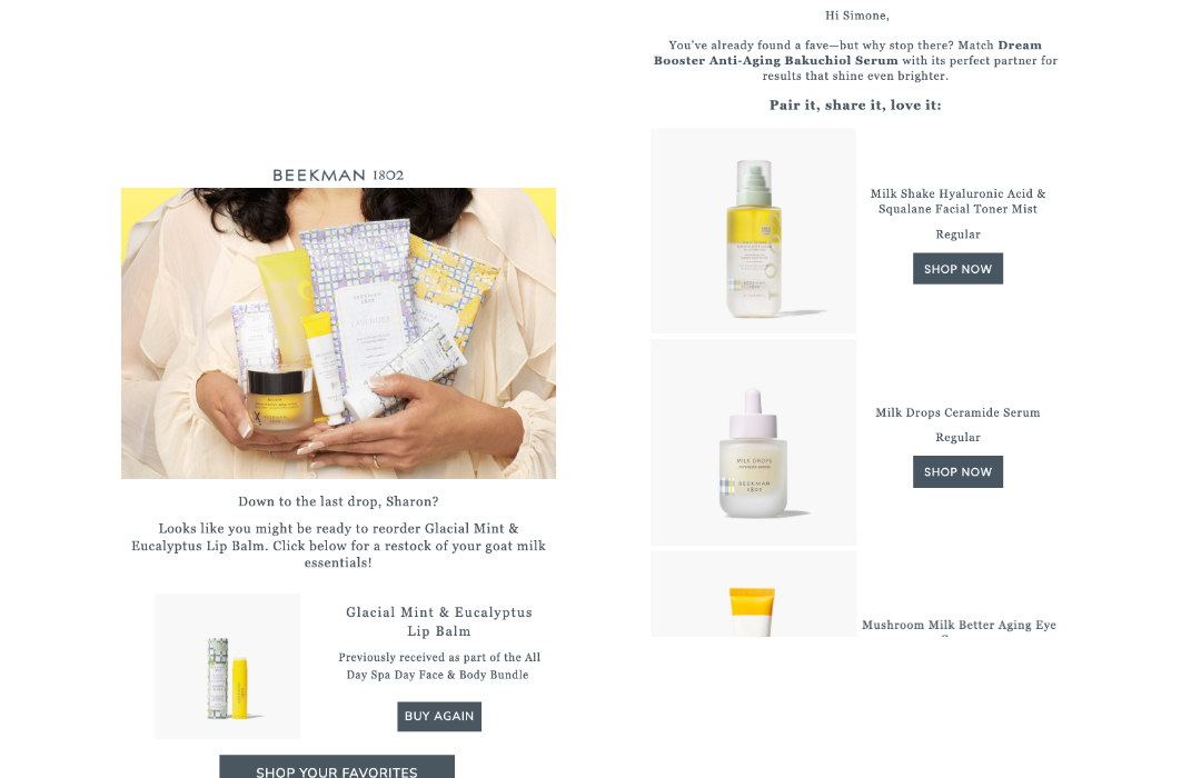An example of a replenishment email from the brand Beekman 1802.