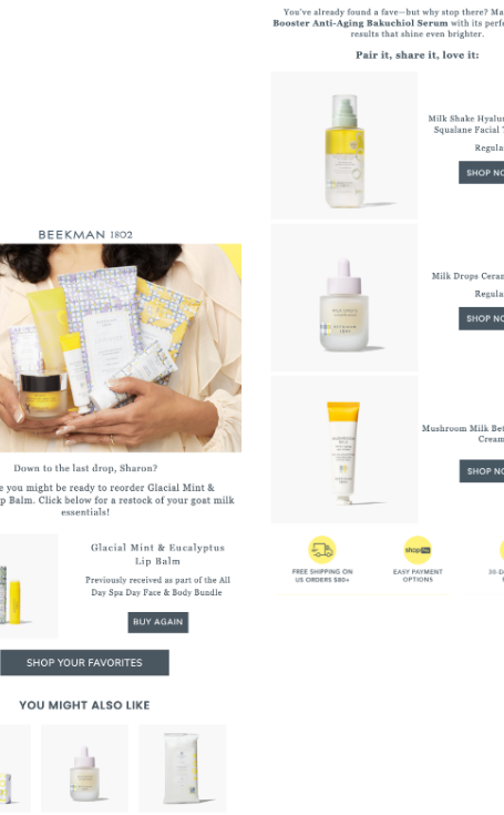 An example of a replenishment email from the brand Beekman 1802.