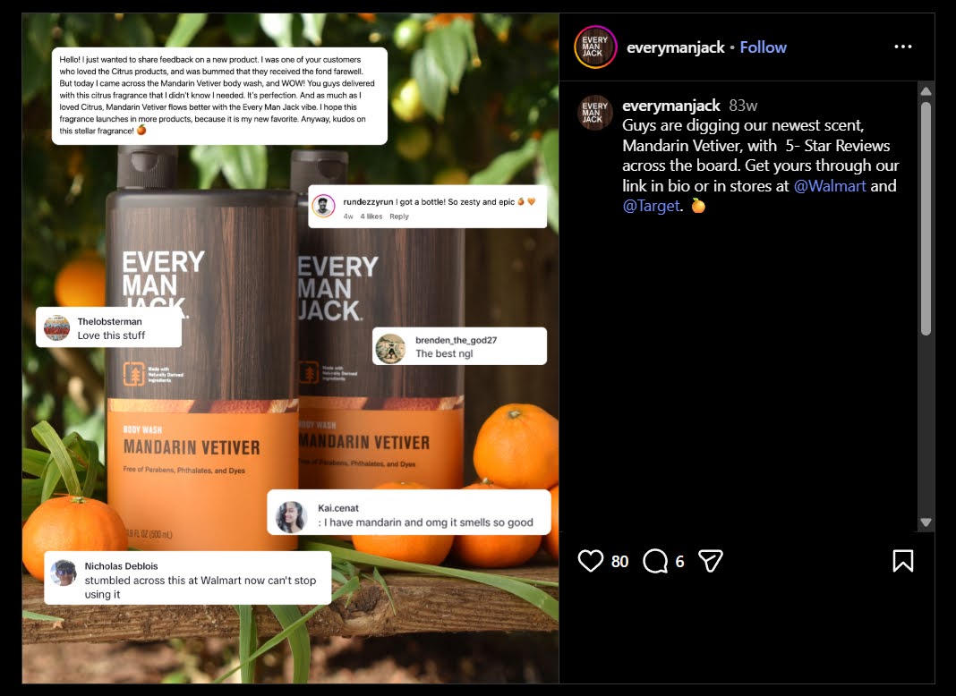 A screenshot of the brand Every Man Jack featuring customer reviews in an Instagram post.