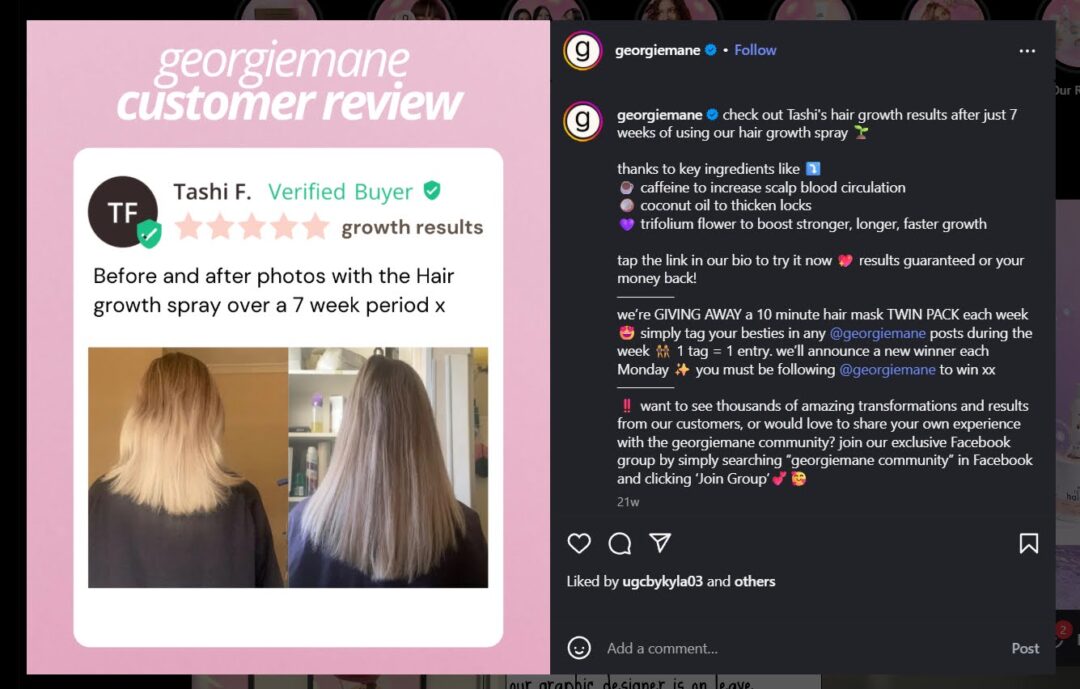 A screenshot of the brand georgiemane featuring a customer review in an Instagram post.