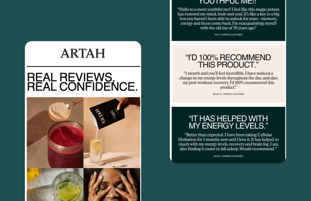 A screenshot of customer reviews featured in an email from the brand ARTAH.